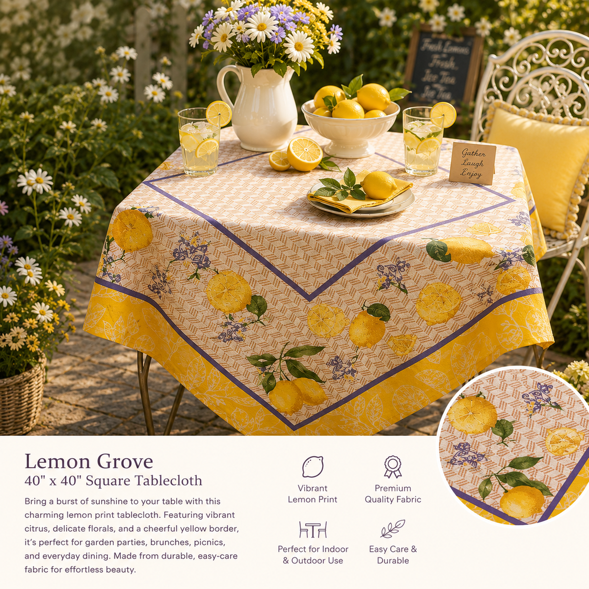 Square Table Topper with Citrus-Oranges and Lemon print. 40"x40" Square