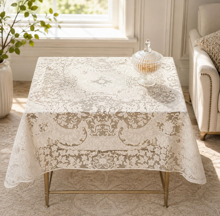 Alteza Cream / Ecru Color Lace Tablecloth. Floral Design. Square table topper -40"x40" Square