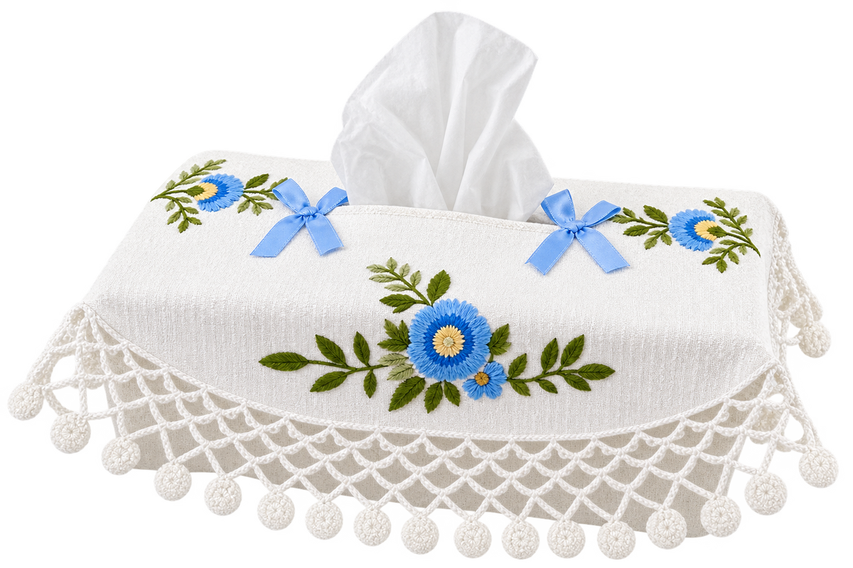 Embroidered Floral Rectangular Tissue Box Cover with Crochet Lace Trim