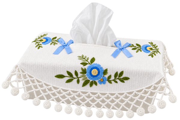 Embroidered Floral Rectangular Tissue Box Cover with Crochet Lace Trim