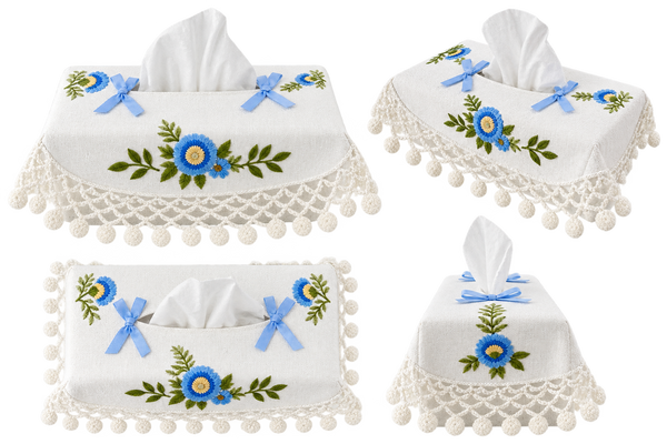 Embroidered Floral Rectangular Tissue Box Cover with Crochet Lace Trim
