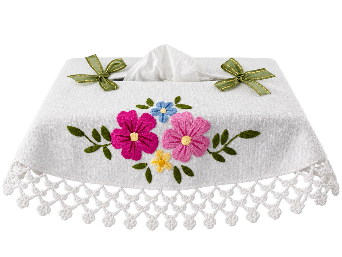 Embroidered Floral Rectangular Tissue Box Cover with Crochet Lace Trim
