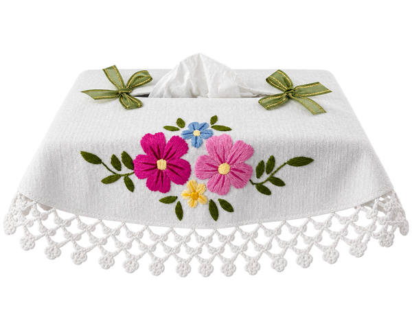 Embroidered Floral Rectangular Tissue Box Cover with Crochet Lace Trim