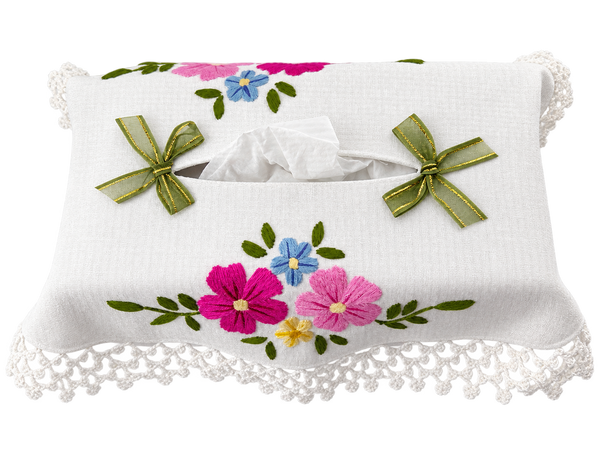 Embroidered Floral Rectangular Tissue Box Cover with Crochet Lace Trim