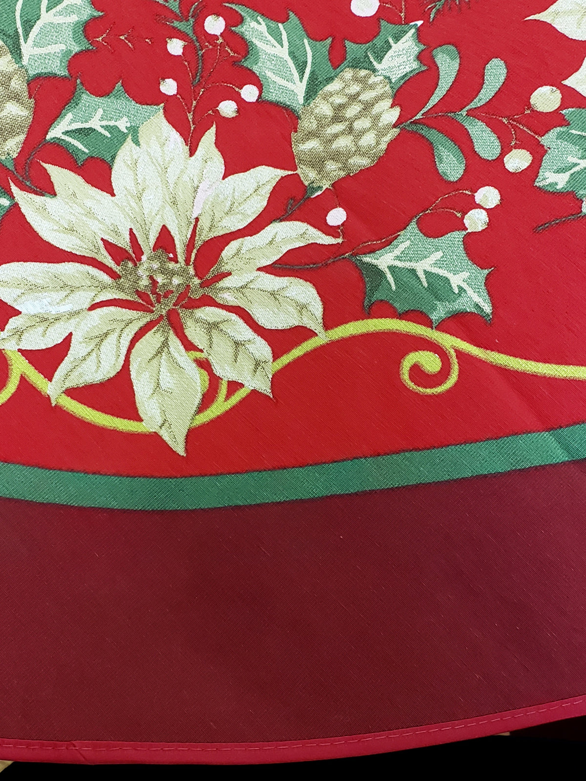 Christmas Holiday Printed tablecloth with pink poinsettias, pine cones and gold details