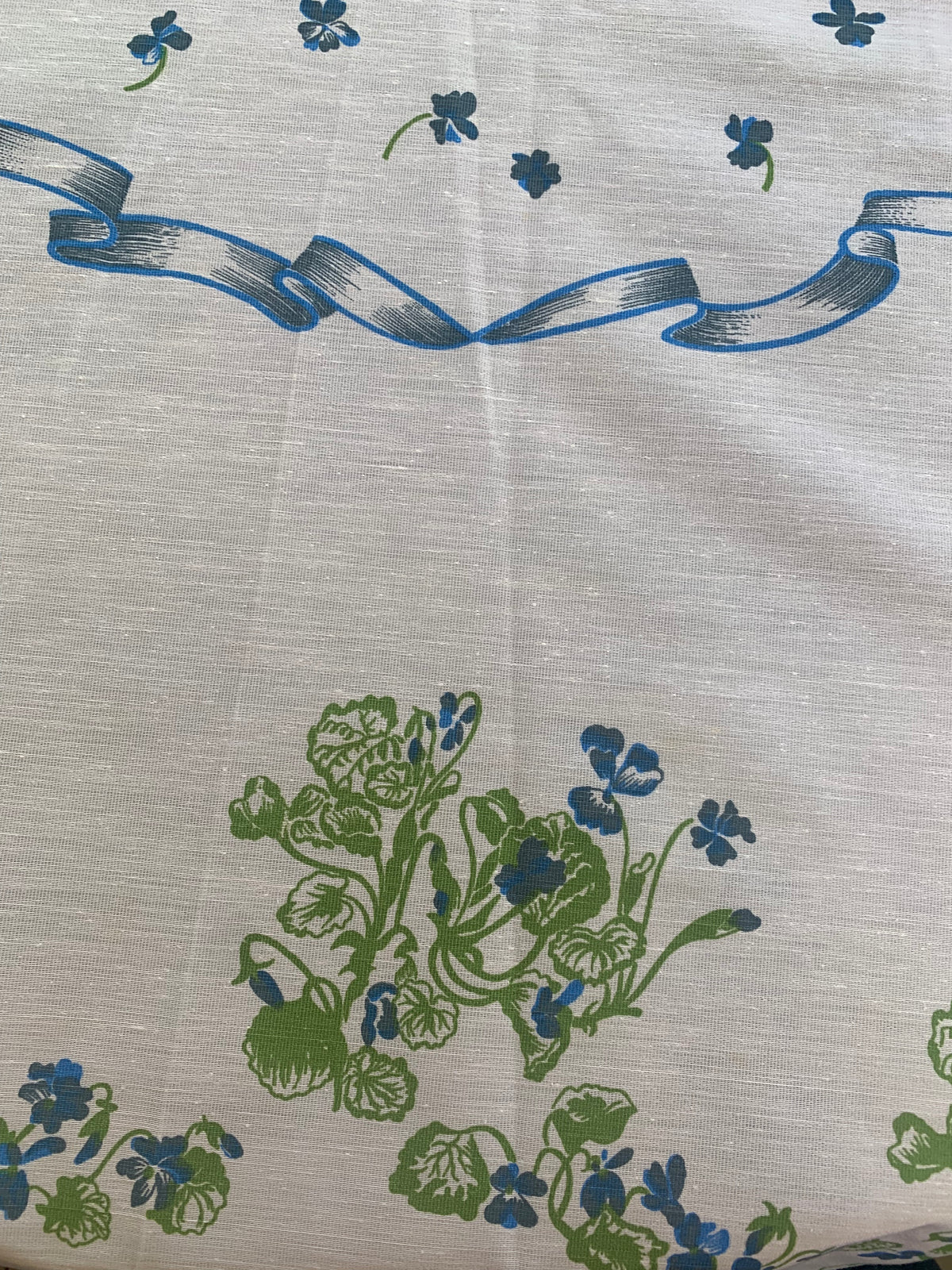 Tablecloth White with Blue Flowers Scalloped serged Border,  Oval  Shape 59"x90.5" for Table Setting of 6-8 People