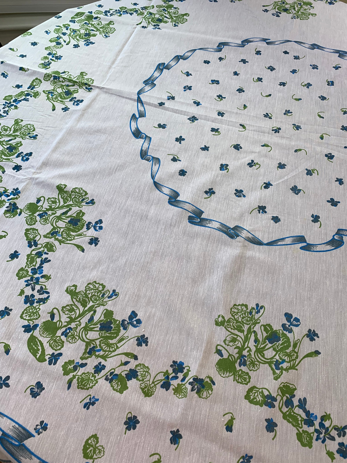 Tablecloth White with Blue Flowers Scalloped serged Border,  Oval  Shape 59"x90.5" for Table Setting of 6-8 People
