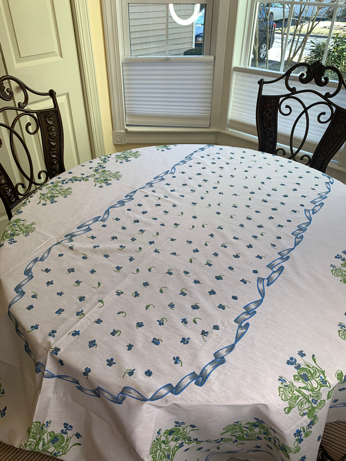 Tablecloth White with Blue Flowers Scalloped serged Border,  Oval  Shape 59"x90.5" for Table Setting of 6-8 People