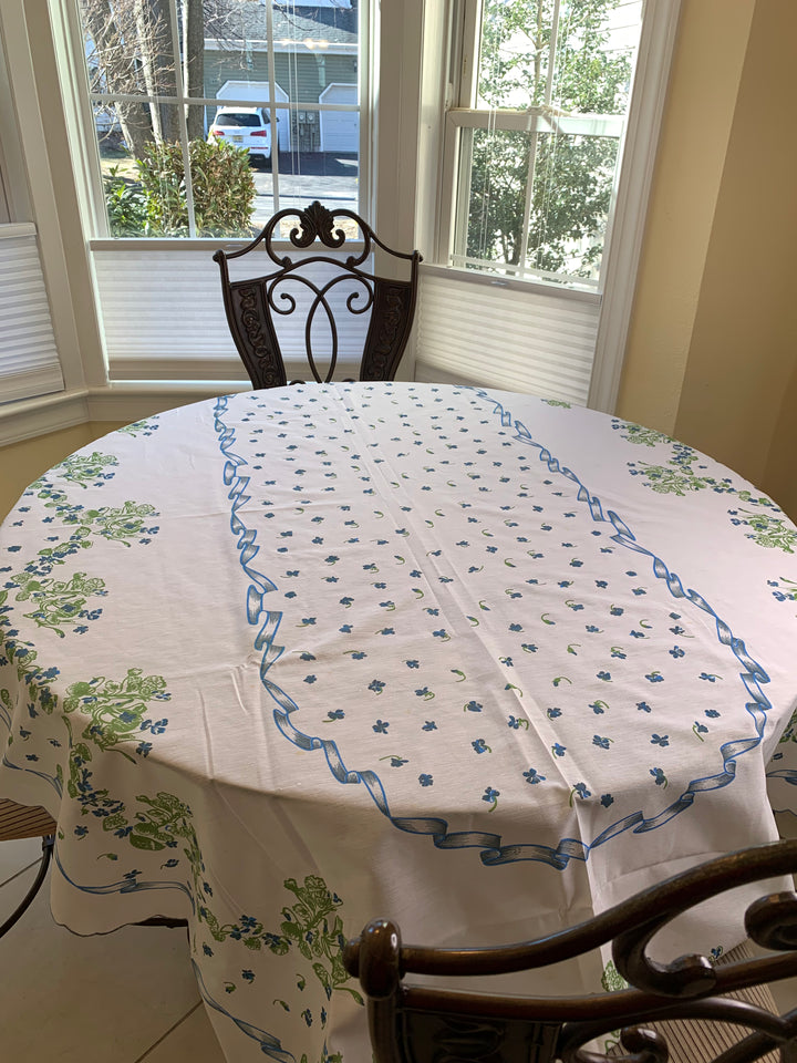 Tablecloth White with Blue Flowers Scalloped serged Border,  Oval  Shape 59"x90.5" for Table Setting of 6-8 People