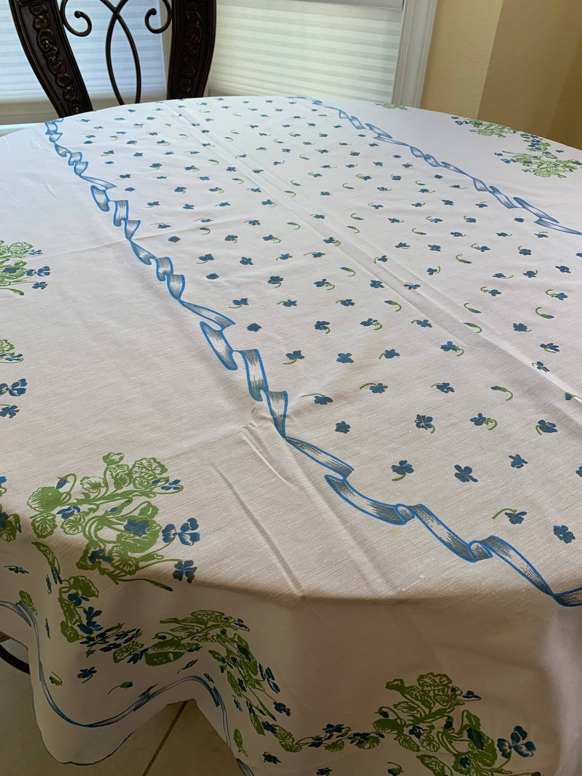 Tablecloth White with Blue Flowers Scalloped serged Border,  Oval  Shape 59"x90.5" for Table Setting of 6-8 People
