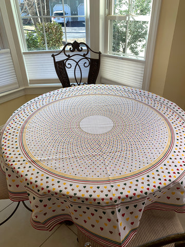 61" Round white tablecloth with printed sweet hearts decor summer- kitchen table[Hearts-bright red/green/yellow]