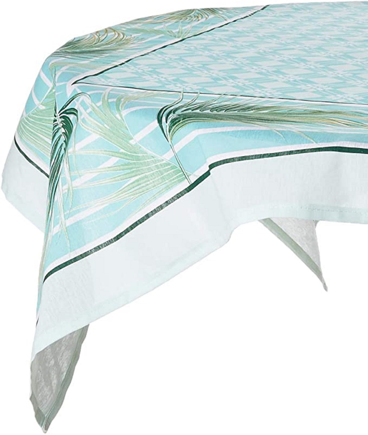 White and Aqua Green Printed Floral Tablecloth with of Palm Leaves. Perfect for Summer Decor, Dining Room, Kitchen