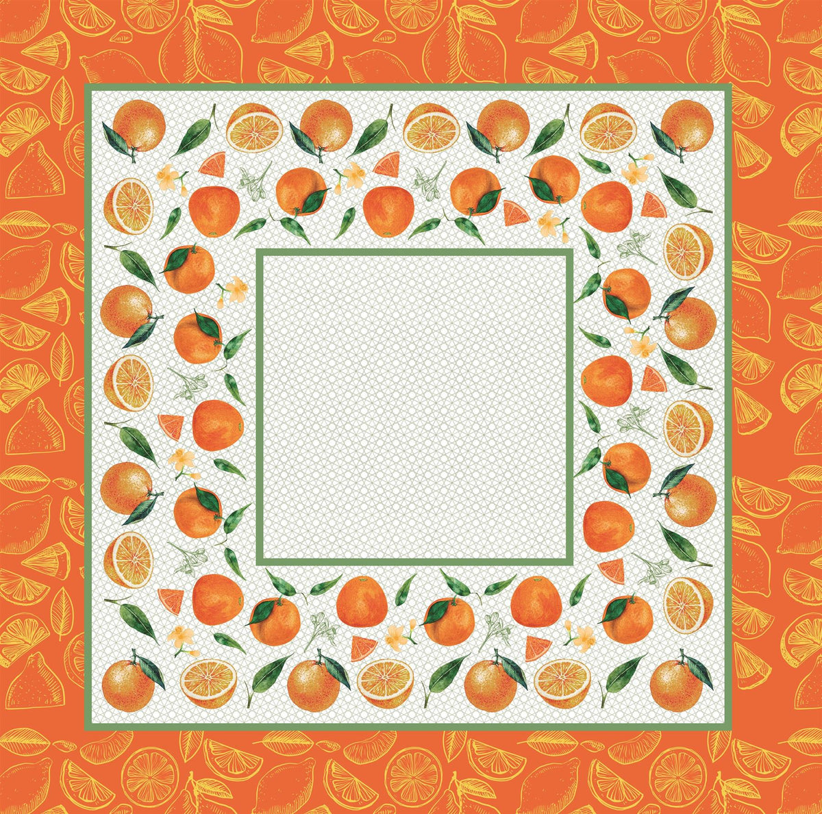 Square Table Topper with Citrus-Oranges and Lemon print. 40"x40" Square