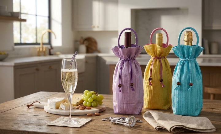 Wine Bag or  Champagne Bottle Cover Gift Bag with drawstring and handle. 3 pc. pack in assorted colors