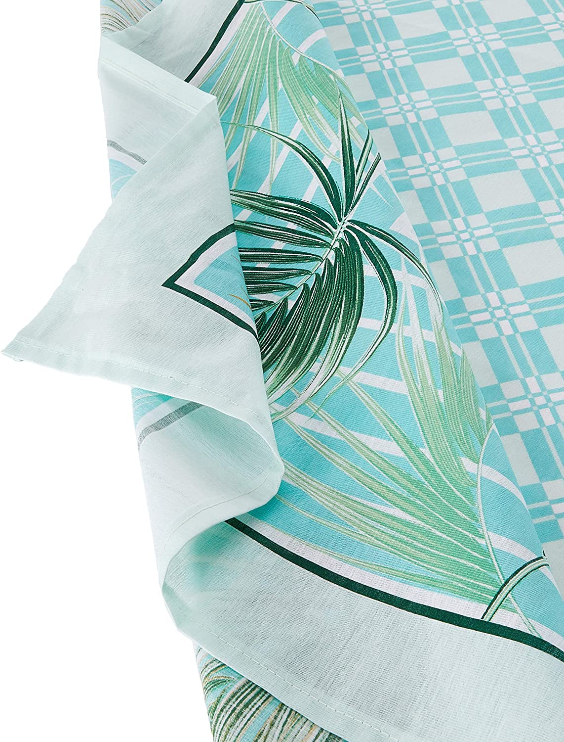 White and Aqua Green Printed Floral Tablecloth with of Palm Leaves. Perfect for Summer Decor, Dining Room, Kitchen