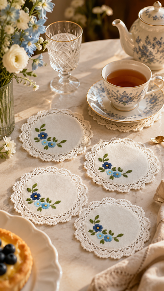 Blue embroidered crochet coasters styled on a tea table