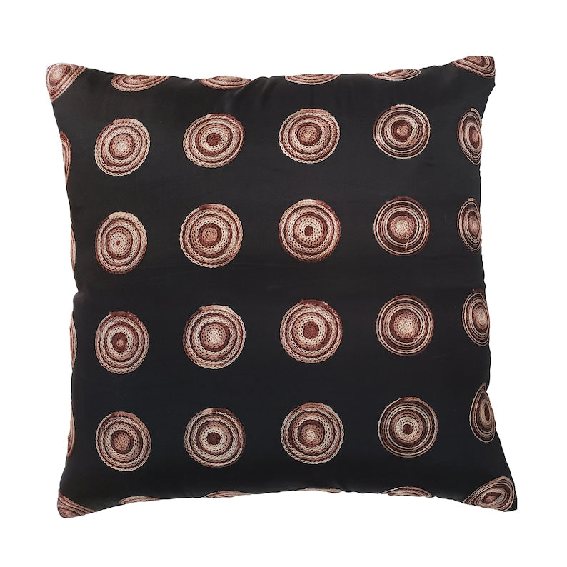 Black cushion cover with original cream, brown and muted rose circular embroidery