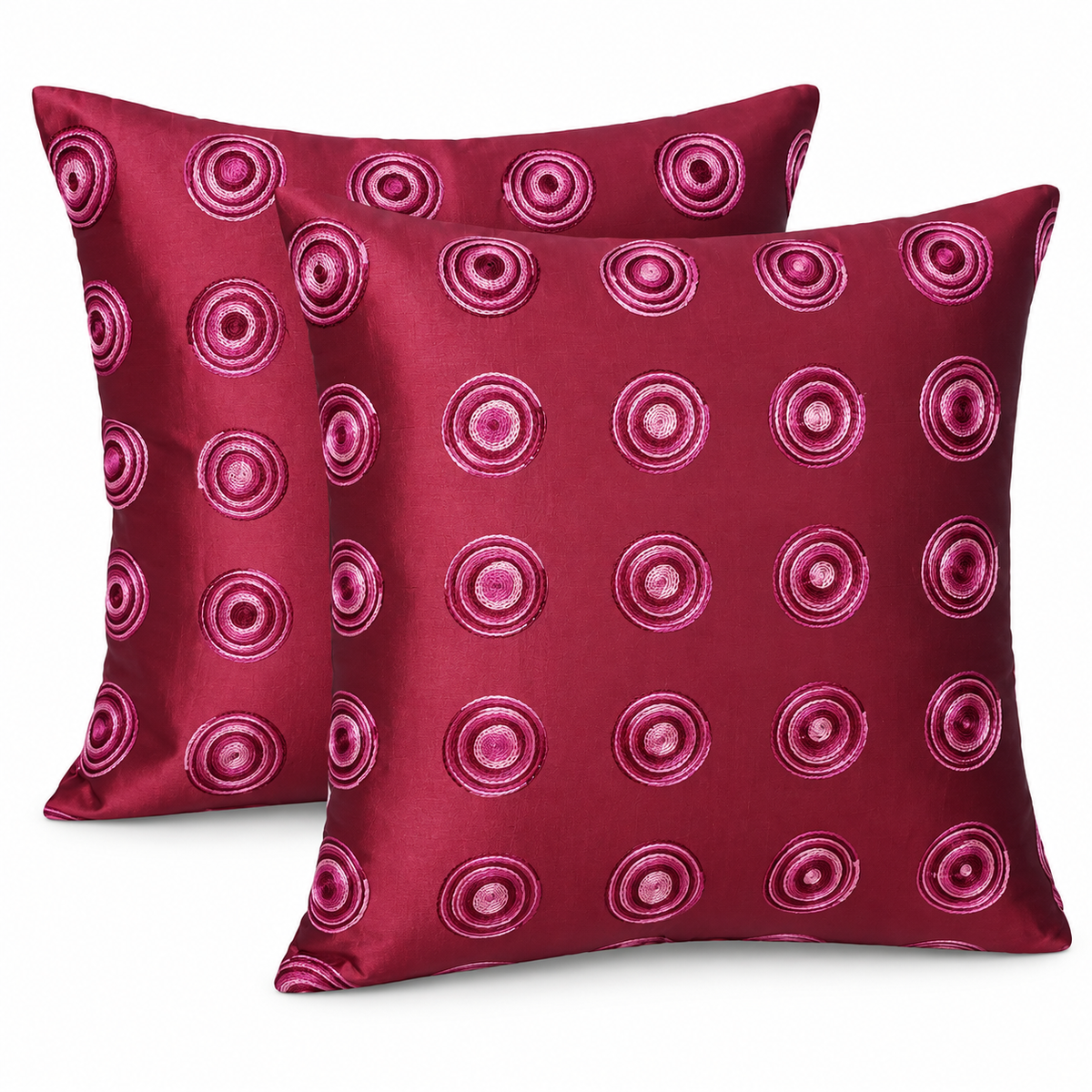 Magenta embroidered circle cushion covers, set of two