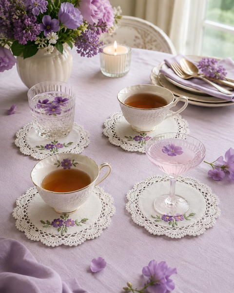 Purple embroidered crochet coasters styled on a tea table