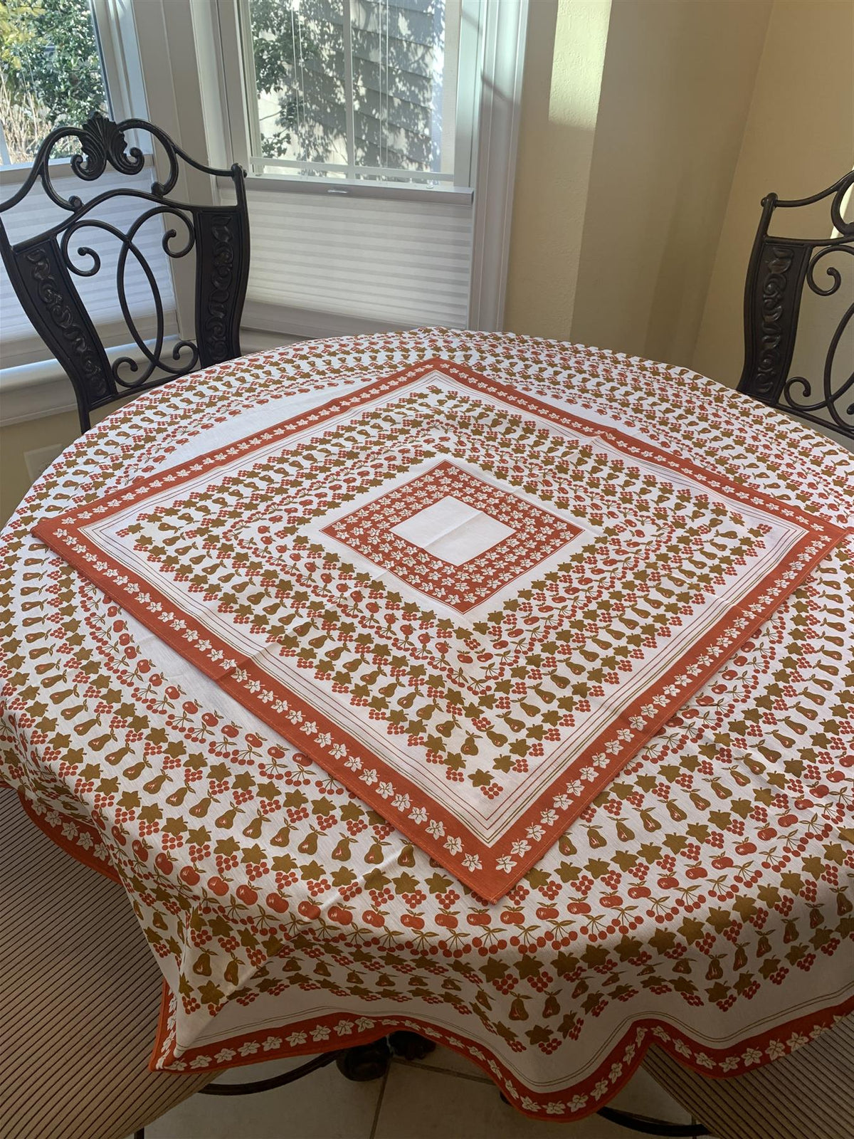Orange and white Tablecloth 61" Round and a macthing 29.5"x29.5" Square overlay 2 pc. set.
