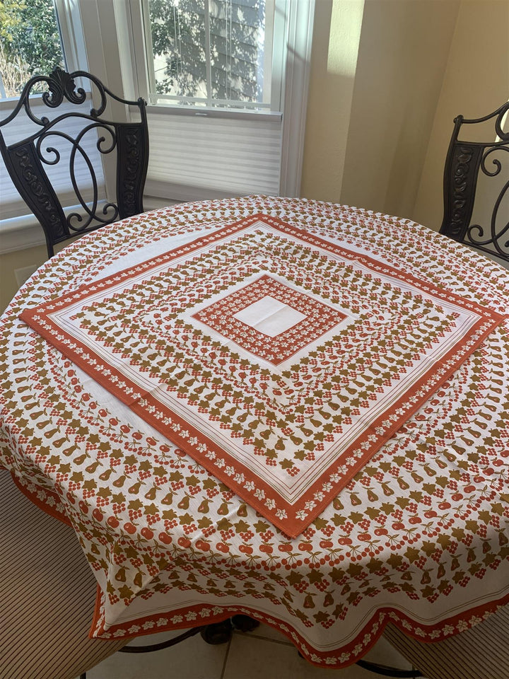 Orange and white Tablecloth 61" Round and a macthing 29.5"x29.5" Square overlay 2 pc. set.