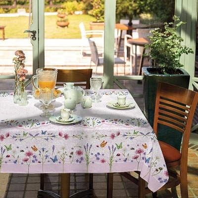 Vanessa Pink Printed Tablecloth with Design of Delicate Flowers and Butterflies. (Rectangle 140x210 cm ≅ 52x82 inches)