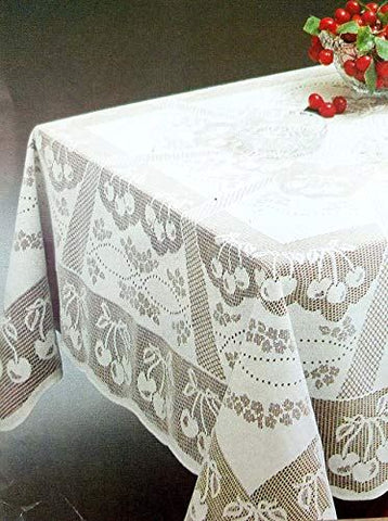 Viena Style Ecru / Beige Oblong Lace Tablecloth. 61"x102" inches Oblong. Cherry Design Throughout The Tablecloth and with Scalloped Hem