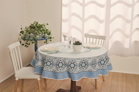 Vila Rica- Blue Moroccan printed tablecloth round- 60 inches