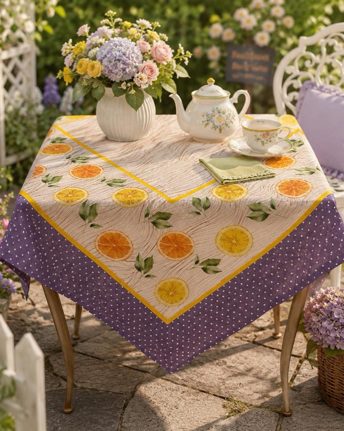Square Table Topper with Citrus-Oranges and Lemon print. 40"x40" Square