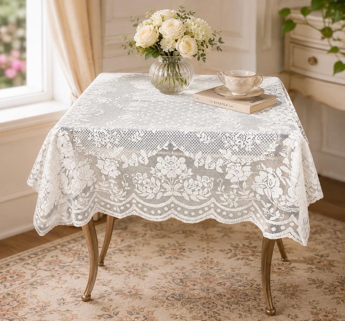 Veneza 40" Square Lace Tablecloth / table topper. Color options- White or cream
