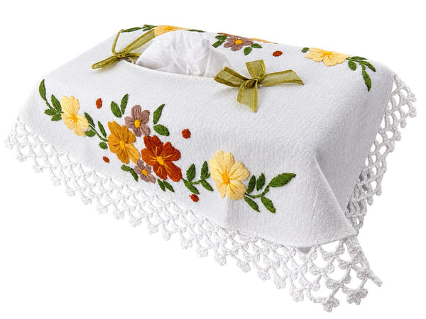 Embroidered Floral Rectangular Tissue Box Cover with Crochet Lace Trim