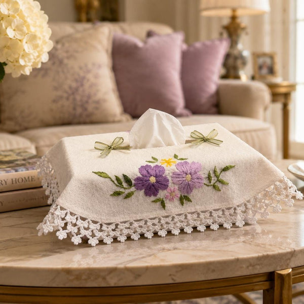 Embroidered Floral Rectangular Tissue Box Cover with Crochet Lace Trim